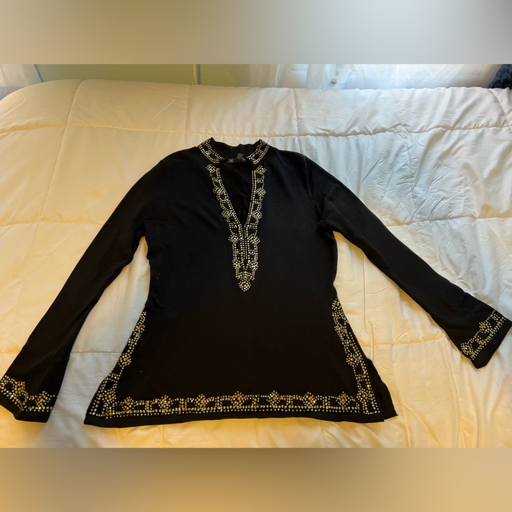 I.N.C. Women’s Black and Gold Rhinestone embellished sweater